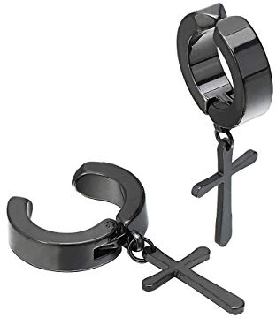 Annata Clip-on Orecchini a Cerchio con Croce, Orecchini da Uomo Donna, Acciaio Inossidabile