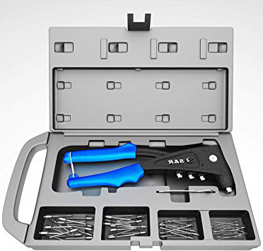 S&R Rivettatrice Manuale Professionale con 60 Rivetti (2,4 mm, 3,0/3,2 mm, 4,0 mm, 4,8/5,0 mm) in alluminio e acciaio Inox per fori ciechi, 4 dadi, 1 chiavetta, 1 comoda scatola