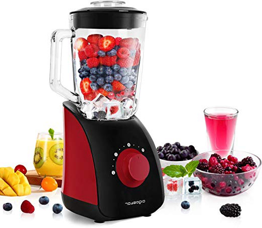 Aigostar Pomegranate 30JDF - Frullatore da tavolo multifunzione, frantoio a ghiaccio con vaso in vetro da 1,5 litri, 2 velocità e 4 lame in acciaio inox 750W, nero e rosso, BPA Free. Design esclusivo.