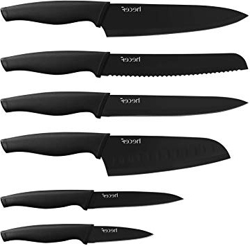 Hecef Set di Coltelli Black Oxide da 6 Pezzi, Antigraffio & Anticorrosivo, Acciaio Inox Potente, con Manico Ergonomico e Fodero per Coltelli, per Cucinare Pelare Tagliare Affettare