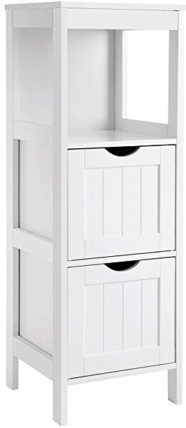 VASAGLE Armadietto da Terra in Legno per Il Bagno Comodino per Medicine Autoportante Mobile ad Angolo con 2 Cassetti Bianco BBC42WT