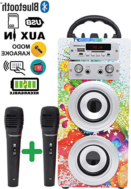 DYNASONIC - Altoparlante Bluetooth portatile con Karaoke modalità Eco 025-1 di 10W, 2 microfoni inclusi, Radio FM, Lettore USB e SD (Modello 1), compatibile con computer e telefoni, colore multicolor