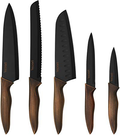 hecef Set di Coltelli da Cucina, Coltelli in Acciaio Inox con Un Nero Rivestimento Antiaderente, Include 8''Coltello da Cucina, 7''Coltello Santoku, 5''Coltello Multiuso e 3,5''Coltello Sbucciatore.