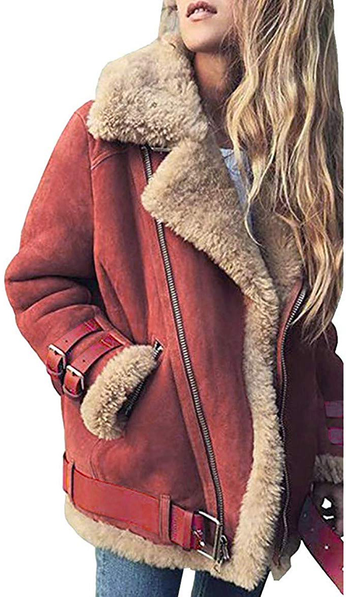 POLPqeD Cappotto in Pile con Pelliccia Sintetica Invernale da Donna Outwear Giacca da Aviatore da Motociclista con Risvolto Caldo Cappotto con Risvolto
