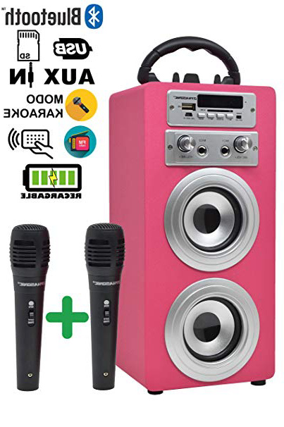 DYNASONIC - Altoparlante Bluetooth portatile con Karaoke modalità Eco 025-1 di 10W, 2 microfoni inclusi, Radio FM, Lettore USB e SD (Modello 1), compatibile con computer e telefoni, colore rosa