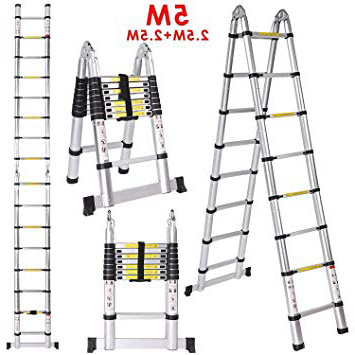 Meditool 5M Scala Telescopica Scala alluminio pieghevole(2.5M+2.5M),Scala Retrattile Scaletta Allungabile Scala multiuso 16 gradini,Capacità 150kg