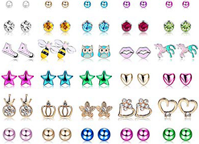 Yadoca 30 Paia Acciaio inossidabile Orecchini per Bambini Mescola Colore Carino Fiore Assortito Palla Rotonda Brillante CZ Orecchini Set per Donne Ragazze