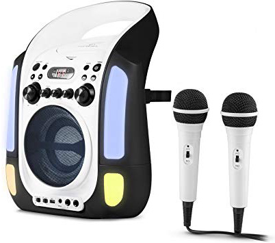 auna Kara Illumina - Kit Karaoke , 2 microfoni dinamici, Lettore CD+G , Top laoding , capacitá MP3 , Uscita Video , usicta Audio , Effetto Eco , Funzione AVC , Nero-Bianco