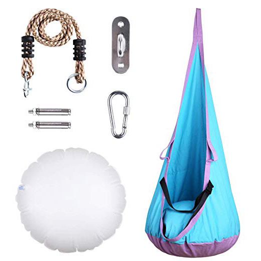 Femor Amaca per Bambini per Interni ed Esterni - Sedia a Dondolo con Cuscino - Kit Completo - per Cameretta e All'aperto - Blu e Viola