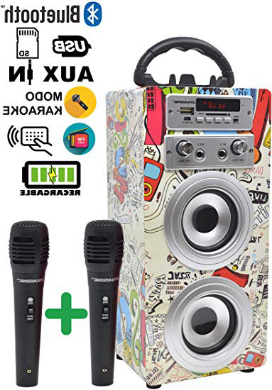 DYNASONIC 025 - Altoparlante Bluetooth con modalità Karaoke 10W | Wireless portatile compatibile con computer, telefoni ecc con 2 Microfoni inclusi | Lettore SD USB e lettore Mp3, Radio FM (Modello 2)