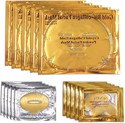 ALIVER 24k Maschera per il viso al collagene d'oro, Maschera per gli occhi con polvere d'oro e Maschera per le labbra (5 set/confezione)