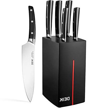 DEIK Set Coltelli, Set di Coltelli, Ceppo Coltelli, Coltelli da Cucina Professionali da Chef, Set Coltelli in Acciaio Inox con Base di Legno, 6 Pezzi, Nero