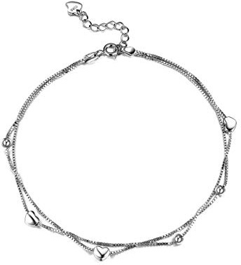 Lydreewam Donna Cavigliera Argento 925, 2 strati di catena, spiaggia, sandalo, a piedi nudi, cuore d'amore
