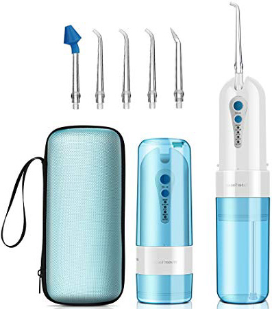GEEDIAR Idropulsore Orale Irrigatore Dentale Elettrico, Senza Fili, Portatile, Viaggio, USB Ricaricabile per Una Migliore Igiene Orale, con 5 accessori, con Bocchetta per Naso,460g, 150ml, blu/bianco