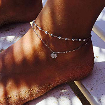 simsly spiaggia cuore cavigliera braccialetto alla caviglia doppio strass gioielli piede per donne e ragazze (argento/1pc)