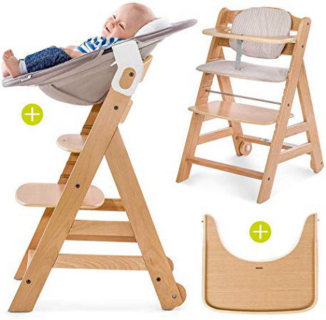Hauck Beta Plus Newborn - Seggiolone Pappa evolutivo 0 mesi - Con Sdraietta neonato, Riduttore, Cuscino seduta, Vassoio - Altezza regolabile, Legno Chiaro Naturale - Beige
