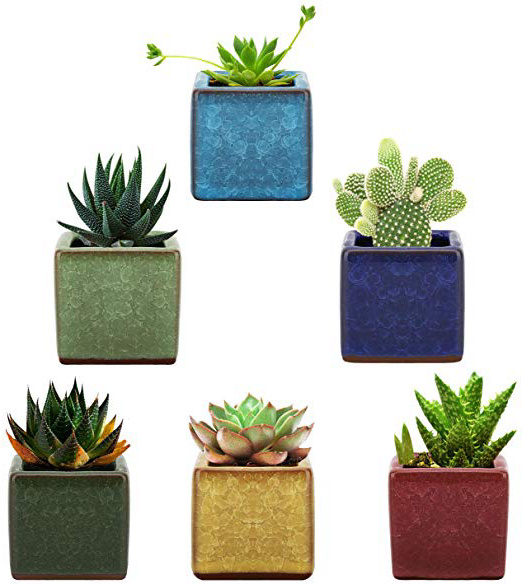 Lewondr Vasi da fiori Vasi in Ceramica 6 Pezzi, Vasi da Giardino Forca Quadrata con Foro Centrale, Drenaggio Acqua, Dim Accessori Giardino, Vasi per Piante, Fiori, Piante Balcone, Casa - Multicolori