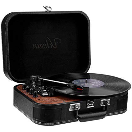 Giradischi, VOKSUN Bluetooth Giradischi Vintage Lettore di vinile LP 3 velocità 33/45/78 RPM con 2 Altoparlante Stereo Incorporato e Encoder Digitale,USB,Aux-In e RCA - Design del Case (Pelle)