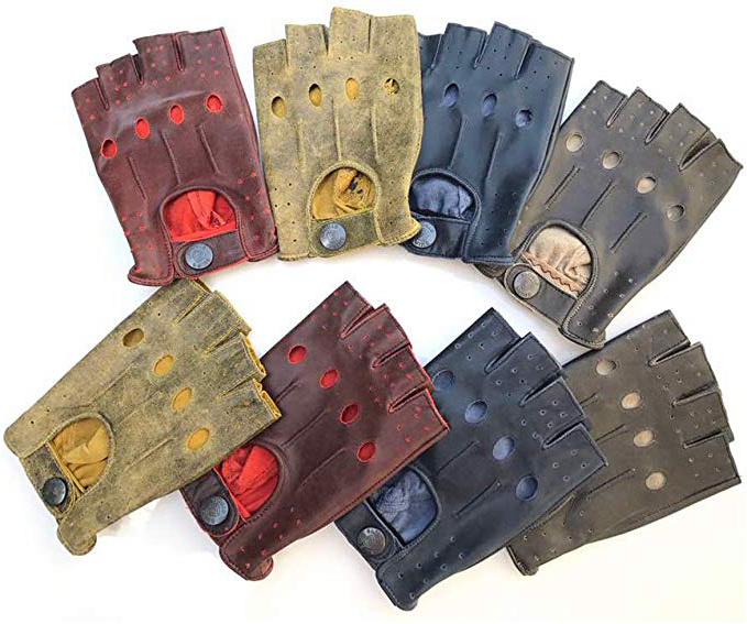 Prime – 309- Guanti da guida da uomo in vera pelle ,per motocicletta , ciclismo , sport all'aperto, lavoro, campeggio, escursionismo, auto dal designer Prime Leather in stile classico retro mezze dita