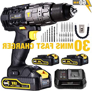 Avvitatore a Batteria 18V, TECCPO 60N.m Trapano Elettrico con Percussione, 30min Caricatore Rapido, 2 Batterie 2000mAh, 13 mm Metallo Autobloccante Mandrino, 21+3 Posizioni - TDHD01P
