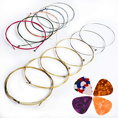 Corde Per Chitarra Acustica, Kinbom 2 set di 6 corde per chitarra, 1 confezione di oro e argento con 1 confezione di colori (regalo: 4 plettri)