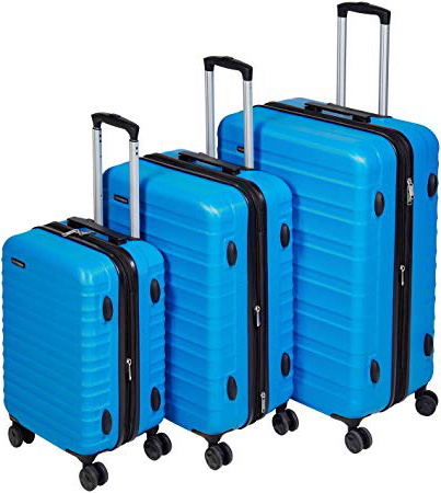AmazonBasics - Set di trolley rigidi con rotelle girevoli, Set da 3 pezzi (55 cm, 68 cm, 78 cm), Blu chiaro