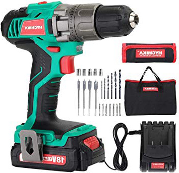 Trapano Avvitatore Batteria 18V, HYCHIKA Avvitatore a Batteria 35N .m Mas, 4x Punte Piatte, 6x Punte Elicoidali, 6x Pezzi di Viti, 5x Chiavi a Hussola e Custodia