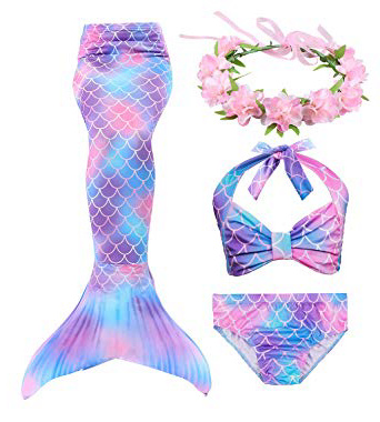 Hifunbay Ragazze Coda da Sirena per Nuotare Bambina Costume da Bagno Incluso 3PCS Bikini e Fiore Garland Archetto