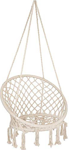 Poltrona Sospesa Gypsy, Altalena Robusta e Resistente, Adatta per Interni ed Esterni, Appendibile, Lavorata a maglia, Corda in Cotone con Romantiche Frange, Portata 120 Kg