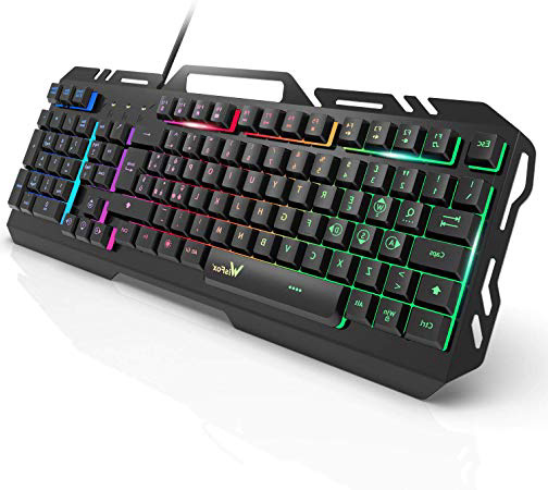 Tastiera da Gioco, WisFox Tastiera Cablata USB Retroilluminata a Colori Rainbow, Tastiera da Computer Ultrasottile Silenziosa in Metallo con Design Resistente Agli Spruzzi per Windows PC Gamer - Nero
