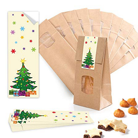 10 pezzi piccoli sacchetti marroni con stella di Natale + inserto in pergamena 10,5 x 6,5 x 29 cm + 10 rosso verde giallo albero di Natale adesivo – sacchetti di carta per alimenti