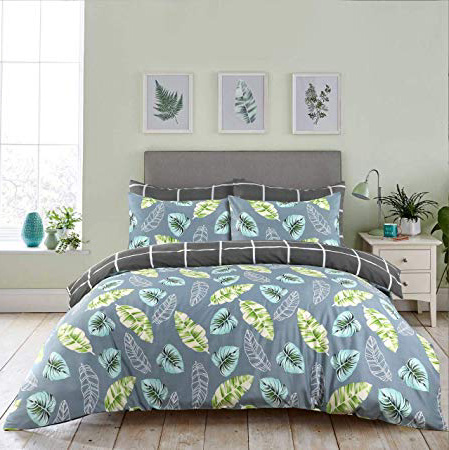 SeventhStitch Set Copripiumino Stampato, 100% Cotone Percalle 200 Fili, Set di Biancheria da Letto Matrimoniale, King e Super King Size, Foglie Tropicali, Doppio