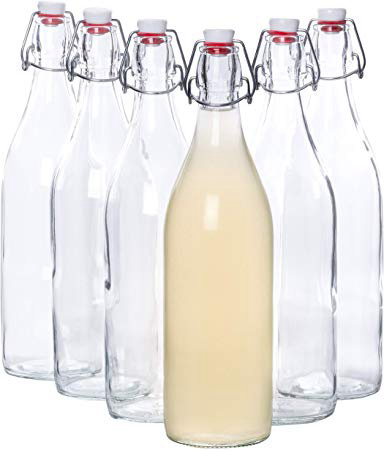 Bormioli Giara - Bottiglie di vetro con chiusura ermetica, 6 pezzi | Capacità: 1000 ml | Altezza totale: 26,5 cm | Perfette per olio, grappa o per servire acqua, succhi di frutta e vino
