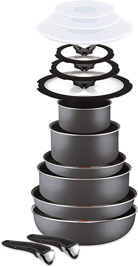 Lagostina Ingenio Essential Batteria di Pentole, 2 x Manico amovibile, 14 Pezzi, Alluminio, Nero, 16 - 28 cm, coperchi in vetro/plastica Ø 16/20/24 cm