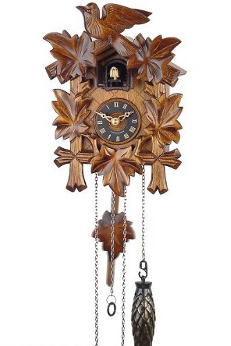 Eble, orologio a cucù, in vero legno, alimentato a batterie, a quarzo, suona il richiamo del cuculo, a cinque foglie, 22 cm