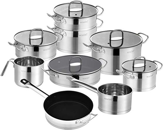Velaze, Mayne, 14 Pezzi, Set di Pentole Induzione da Cucina in Acciaio Inox 18/10 Batteria Pentola Chef Casseruola Padella Antiaderente con Manico Coperchio in Vetro Temperato per Piastre a Induzione