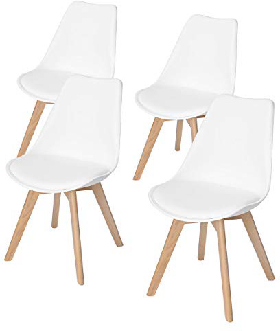 EGGREE Set di 4 Tulip Pranzo/Ufficio Sedia con Gambe in Faggio Massiccio, Sedie Senza Braccia Imbottita di Design per Il Massimo Comfort Bianco