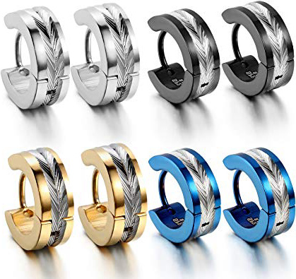 Oidea Orecchini per Uomo orecchini rotondi in acciaio inox modello fiori blu nero oro argento(4 coppie) Regalo Perfetto