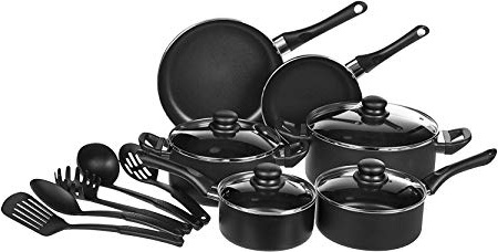 AmazonBasics - Batteria da cucina, 15 pezzi con rivestimento antiaderente