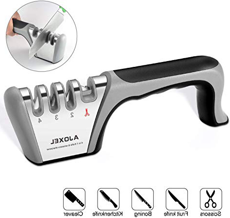 AJOXEL Affilacoltelli Professionale, 4-in-1 Affila Coltelli da Cucina Affilatura Coltello con Base in Silicone per Coltelli da Cucina, Forbici, Rasoi