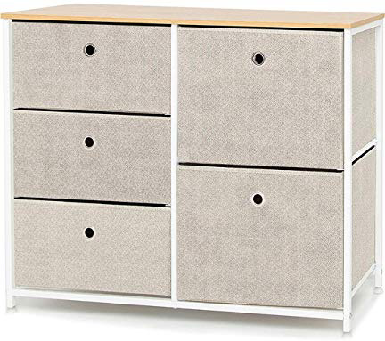 Suhu Cassettiera Grande con 5 Cassetto Design Armadietto Bagno Stretta Comodino Camera da Letto Metallo Moderno per Ufficio Soggiorno Cameretta Ingresso Cucina in Legno+Acciaio Bianco+Beige