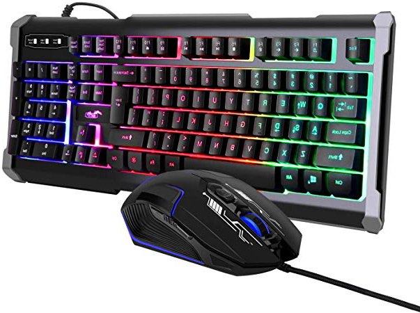 BAKTH Tastiera e Mouse da Gioco, Colore da Arcobaleno LED Retroilluminato USB Gaming Tastiera e Mouse con 4000 DPI, Paragonabile a Una Tastiera Meccanica