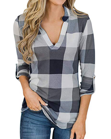 YOINS Camicia Donna Elegante Camicetta Donna Manica Lunga Bluse Camicie a Quadri Blusa Scollo V Casuale