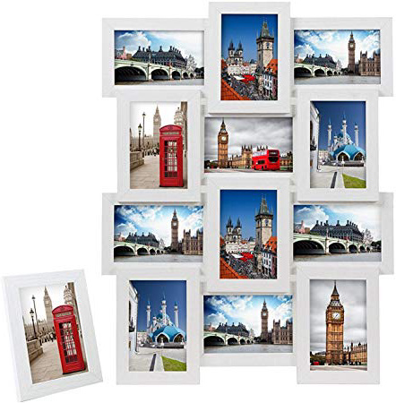 SONGMICS Cornice Foto 10x15 cm, Cornici Foto Collage da Montare con 12 Posti di Foto e Un Portafoto Singolo da Tavolo, MDF Bianco RPF112W