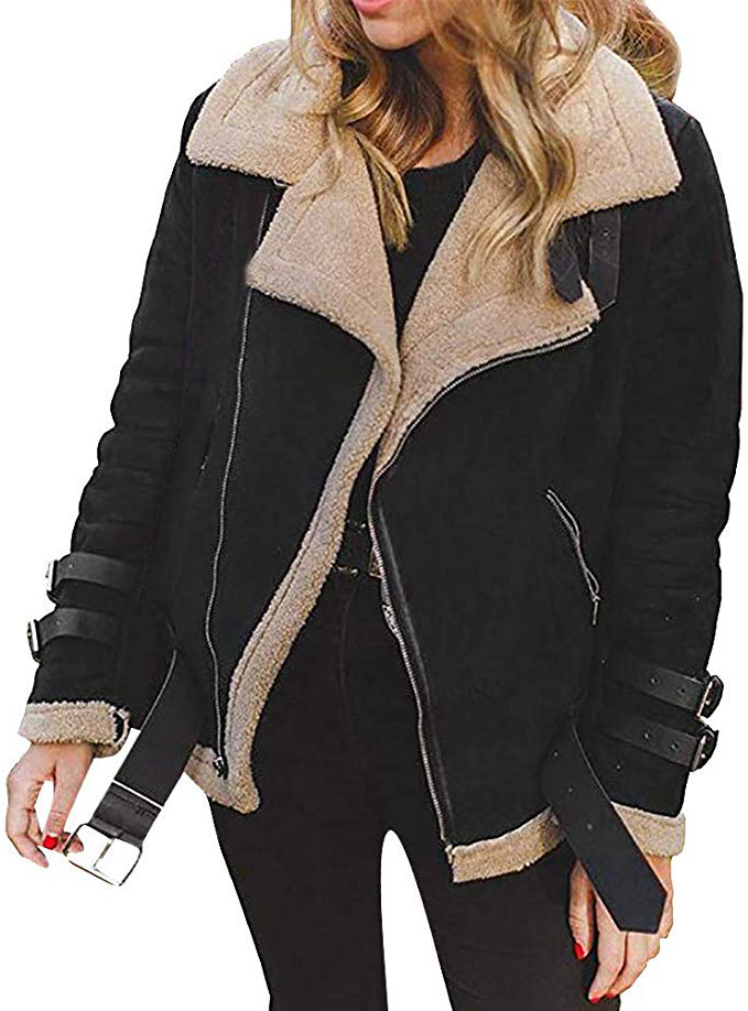 POLPqeD Cappotto in Pile con Pelliccia Sintetica Invernale da Donna Outwear Giacca da Aviatore da Motociclista con Risvolto Caldo Cappotto con Risvolto
