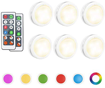 Luci Armadio Luce Notturna Lampada Armadio LED Bawoo 6PCS LED Lampada da Parete 5 Perle LED Lampada Adesiva Cordless Multicolore 2 Telecomando Vetrine Credenza Guardaroba Corridoio Cucina Casa