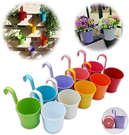 GIOVARA Vaso portafiori in Metallo a Forma di Secchiello da Appendere, Vaso da Giardino con Foro di drenaggio e Gancio Rimovibile (10 Pezzi con 10 Colori Assortiti)