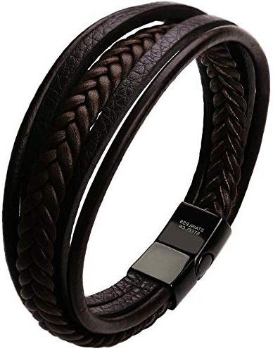 Bracciale Uomo Pelle Chiusura in Acciaio Braccialetto Uomo Donna Pelle