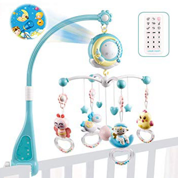 fllyingu Baby Presepe Giostrina con proiettore e luci, giocattoli da appendere sonagli rotanti e carillon telecomandato per neonati
