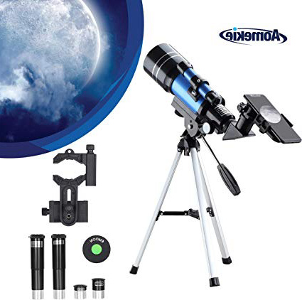 Aomekie Telescopio Astronomico Bambini Telescopio Rifrattore 70/300 con Treppiede Smartphone Adattatore Mirino Barlow Lente Come regalo per i bambini di Natale